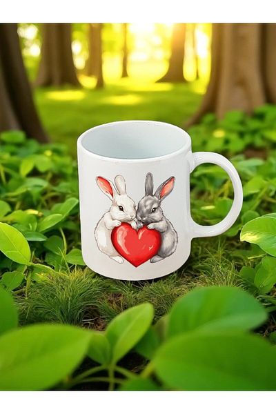 lili hediyelik Heart and Rabbit Printed White Mug