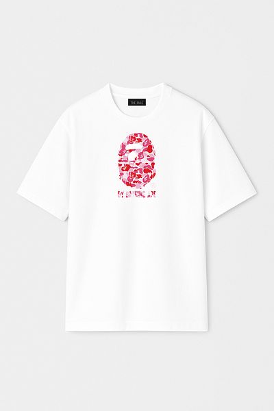 THE RULE Unisex Bathing Ape Printed Oversize 100% Cotton Wide Cut Textured Crew Neck White T-Shirt Rf0522