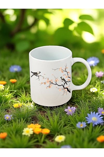 lili hediyelik White Mug with Birds on the Tree Printed