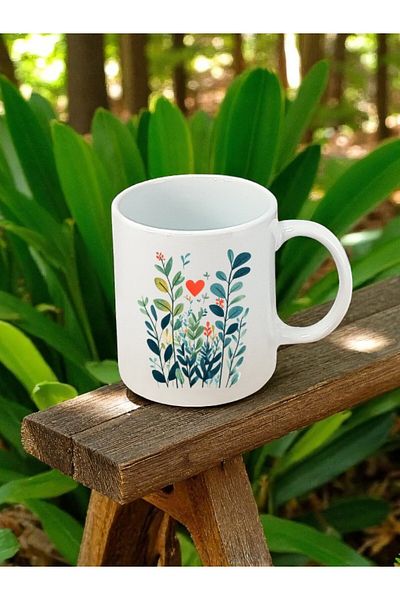 lili hediyelik White Mug with Flowers and Heart Printed