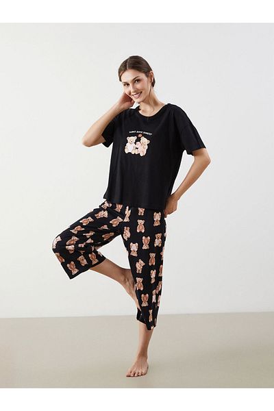 LC Waikiki Set de pijamale Capri pentru femei, sezon nou, cu decolteu rotund, cu imprimeu Teddy Bear - S5GT24Z8