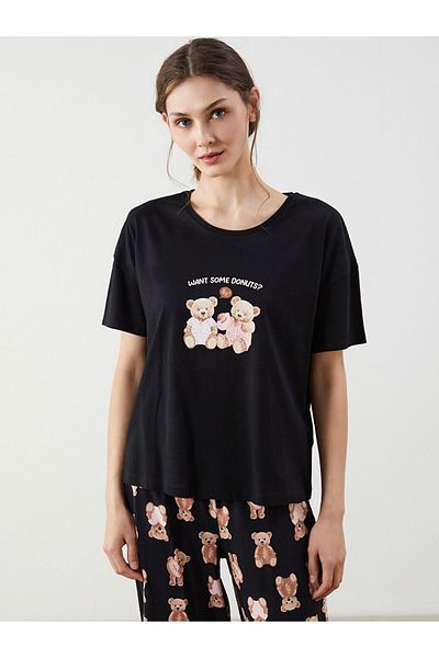 LC Waikiki Set de pijamale Capri pentru femei, sezon nou, cu decolteu rotund, cu imprimeu Teddy Bear - S5GT24Z8