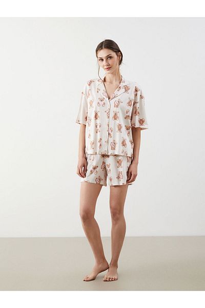 LC Waikiki New Season Shirt Collar Bear Printed Women's Shorts Pajama Set - S5Gt28Z8