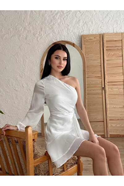 FASHION COCKTAIL Soft Saten Tek Omuz Tek Kol Asimetrik Katlı Dalgalı Mini Kokteyl Davet Gece Elbisesi