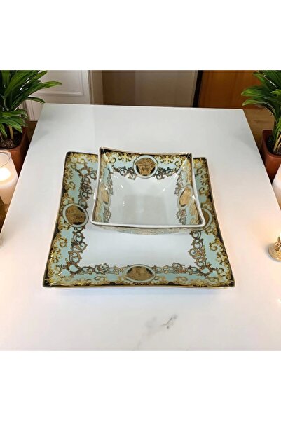 Zuccara Maison Altın Detaylı Mint Barok Porselen Kare Tabak Seti – 6 Kişilik ...