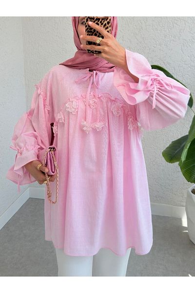 Modamorfo Shirt with Tie Collar and Sleeves and Flower Detail on the Front - Pink