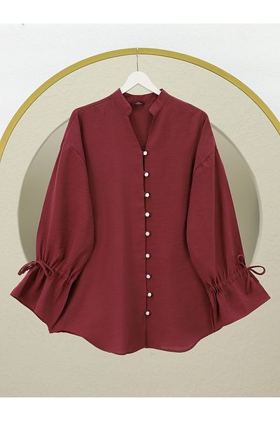 Modamorfo Long Button Back Shirt with Sleeve Laces - Burgundy