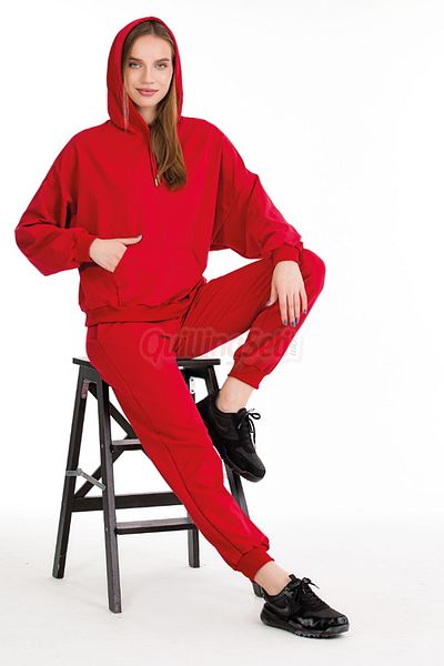 quilling Long Sleeve 22058 Women's Sports Tracksuit Set with Hood and Kangaroo Pocket Red Color