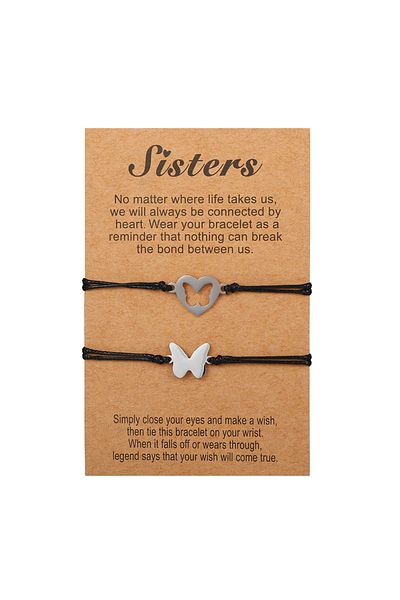 Tesbihane Black Rope Chain 316L Quality Steel Butterfly Design Set of 2 Sister and Friend Bracelet