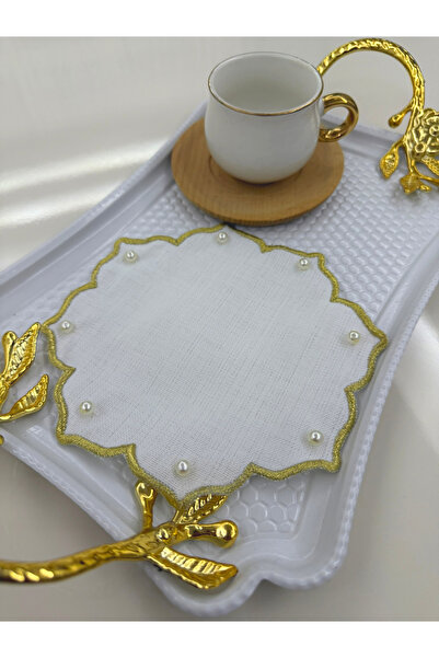 AYNAKIŞÇEYİZ 6 Adet Boncuklu Yıldız Nakışlı Keten Kumaş Kahve Yanı Kokteyl Peçetesi & Bardak Altlığı