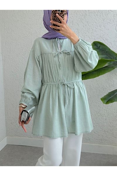 Modamorfo Front Tie-Up Shirt with Elastic Sleeves - Mint