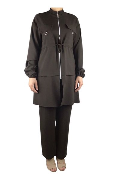 ECE GİYİM Women's Tunic Front Zippered Drawn Sleeve Elastic Pants Waist Elastic Suit