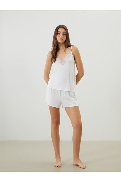 LC Waikiki White V Neck Strap Women's Bride Shorts Pajamas Set