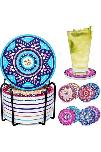 Hoomil Set de 8 suporturi de pahare Hoomil, ceramice, multicolore, 10,2 x 0,75 cm