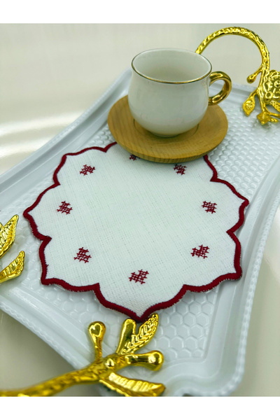 AYNAKIŞÇEYİZ 6 Adet Kanaviçe Kalp Yıldızı Desen Keten Kumaş Kahve Yanı Koktey...