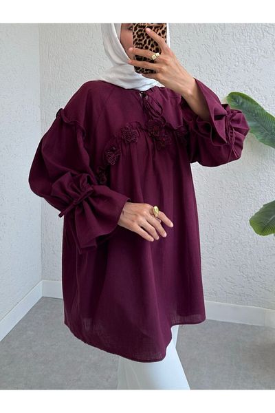 Modamorfo Shirt with Tie Collar and Sleeves and Flower Detail on the Front - Claret Red