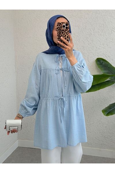 Modamorfo Front Tie Shirt with Elastic Sleeves - Baby Blue