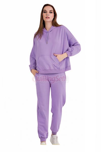 quilling Long Sleeve 22050 Women's Lilac Color Sports Tracksuit Set with Hood and Kangaroo Pocket