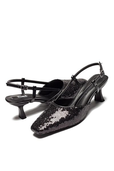 Dedos Women's Black Color Pointed Toe Sequin Short Heeled Shoes 1010