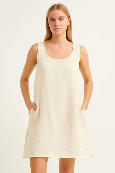 enmodaiçgiyim Ecru 100% Cotton Muslin Fabric Double Pocket Women's Dress