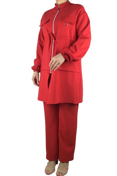 ECE GİYİM Women's Tunic Front Zippered Drawn Sleeve Elastic Pants Waist Elastic Suit