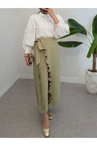 Modamorfo Tie Waist Double Layer Slit Ruffle Skirt -Çağla Y.