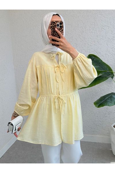 Modamorfo Front Tie Shirt with Elastic Sleeves - Light Yellow