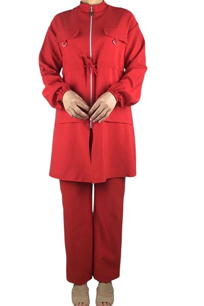 ECE GİYİM Women's Tunic Front Zippered Drawn Sleeve Elastic Pants Waist Elastic Suit