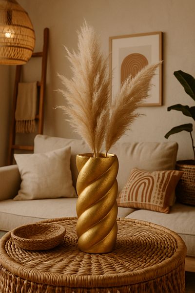 Elada Beton Ceramic Muadil Auger Vase, 29 cm Large Size Vase Gold Color I, Bohemian Vase, Nordic Style Vase
