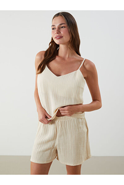 LC Waikiki Μπεζ σετ γυναικείες πιτζάμες με σορτς με λαιμόκοψη V Με υφή
