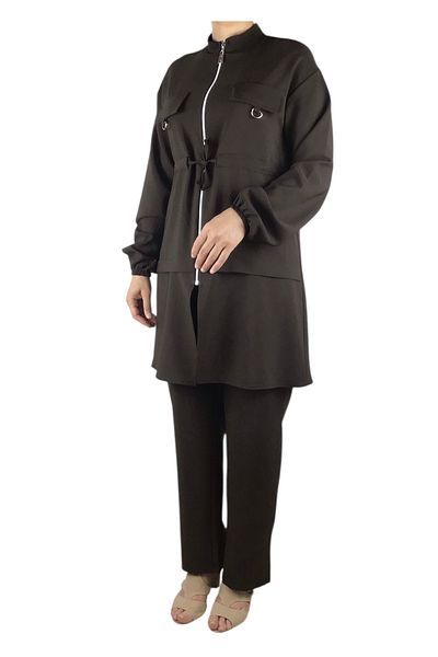 ECE GİYİM Women's Tunic Front Zippered Drawn Sleeve Elastic Pants Waist Elastic Suit