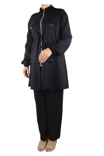 ECE GİYİM Women's Tunic Front Zippered Drawn Sleeve Elastic Pants Waist Elastic Suit