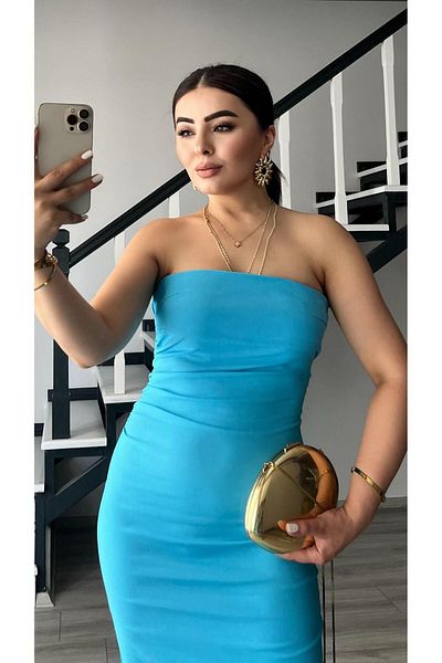 Oslove Turquoise Strapless Waist Gipe Detailed Slit Dress