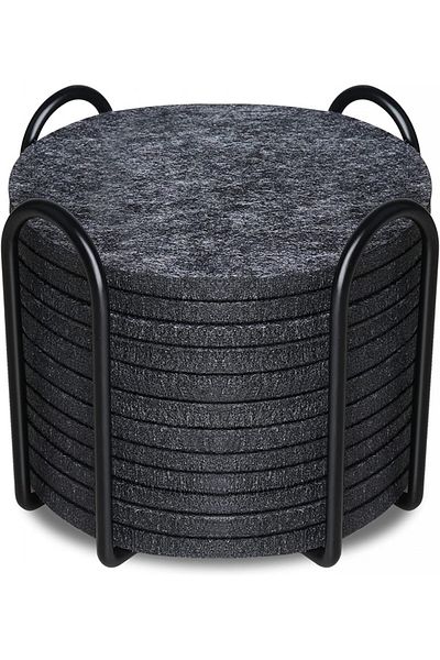 Hoomil Set de 12 suporturi pentru pahare cu suport metalic Hoomil, fetru/metal, gri închis, 10 cm
