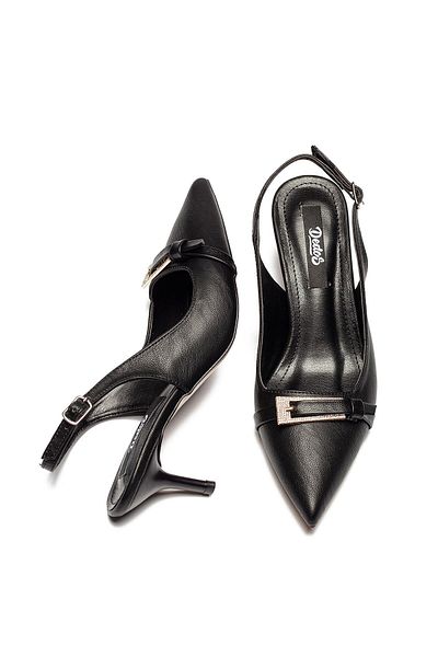 Dedos Women's Heeled Pointed Toe Stone Buckle Shoes Black 3115