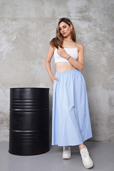 Gülmude Uzun Beli Lastikli Etek Fleto Cepli İç Göstermez Poplin Kumaş Mevsimlik Etek (90CM)