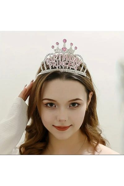 Store Pink Stone Birthday Crown with "Happy Birthday" Written - Silver