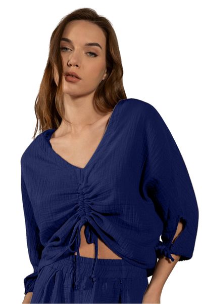 clavia Comfortable Fit Muslin Bustier, Gathered Detail 100% Cotton Summer Loose Crop Shirt, Bustier, Blouse