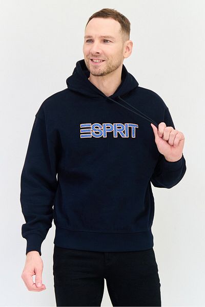 Esprit Men Embroidered Logo Long Sleeves Hooded Sweatshirt, Black
