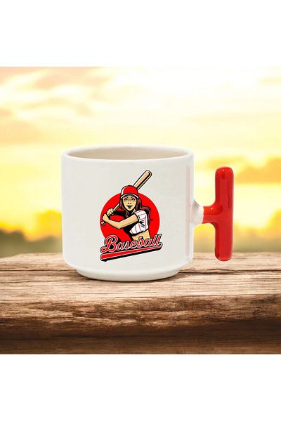 BB TRADE Women's Baseball Design Red T-Handle Ceramic Printed Mug 250 ml