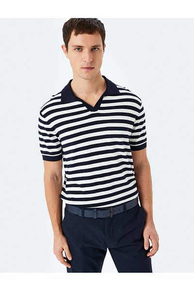 Koton New Season Viscose Striped Short Sleeve Polo V-Neck Knitwear T-Shirt