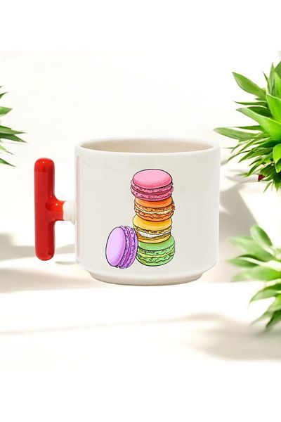 BB TRADE Macaron Red t Handle Ceramic Printed Mug 250 ml