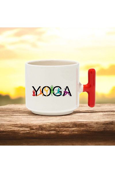 BB TRADE Yoga Designed Red t Handle Ceramic Printed Mug Cup 250 ml