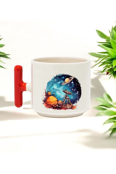 BB TRADE Space Design Red T-Handle Ceramic Printed Mug 250 ml