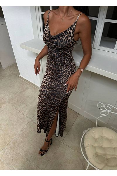 Butik Rochie de zi cu zi pentru femei Merrline Sandy Leopard cu fantă elegantă de seară