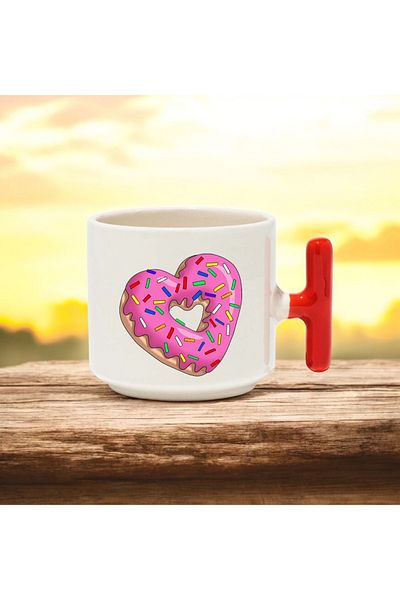 BB TRADE Heart Donut Red t Handle Ceramic Printed Mug 250 ml