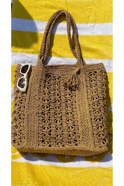 LoomandStitch Büyük Boy El Örgüsü Motifli Hasır Plaj Çantası