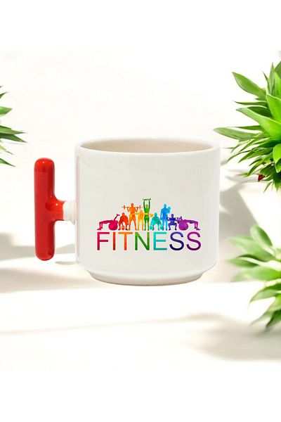BB TRADE Fitness Designed Red T-Handle Ceramic Printed Mug 250 ml