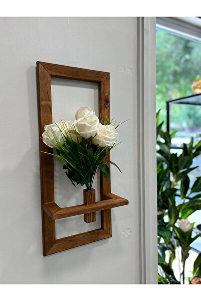 DDTREND Dekoratif Ahşap Duvar Saksısı ,Cafe Restaurant Ev Dekorasyon (Yapay Çiçek Gül Demeti Dahil) 25X60 CM