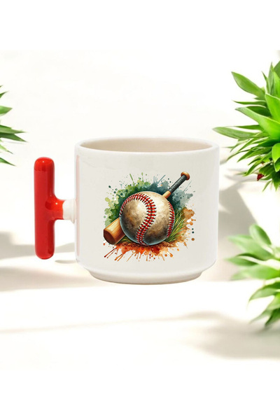 BB TRADE كوب سيراميك مطبوع بمقبض على شكل حرف T باللون الأحمر مع تصميم كرة بيسبول 250 مل